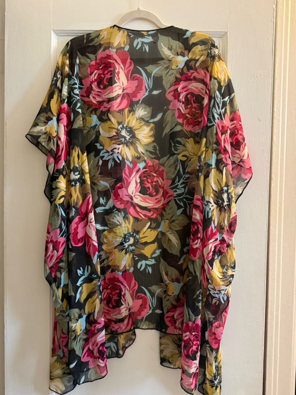 Sheer Floral Kimono Top - Black with Pink & Yellow Roses